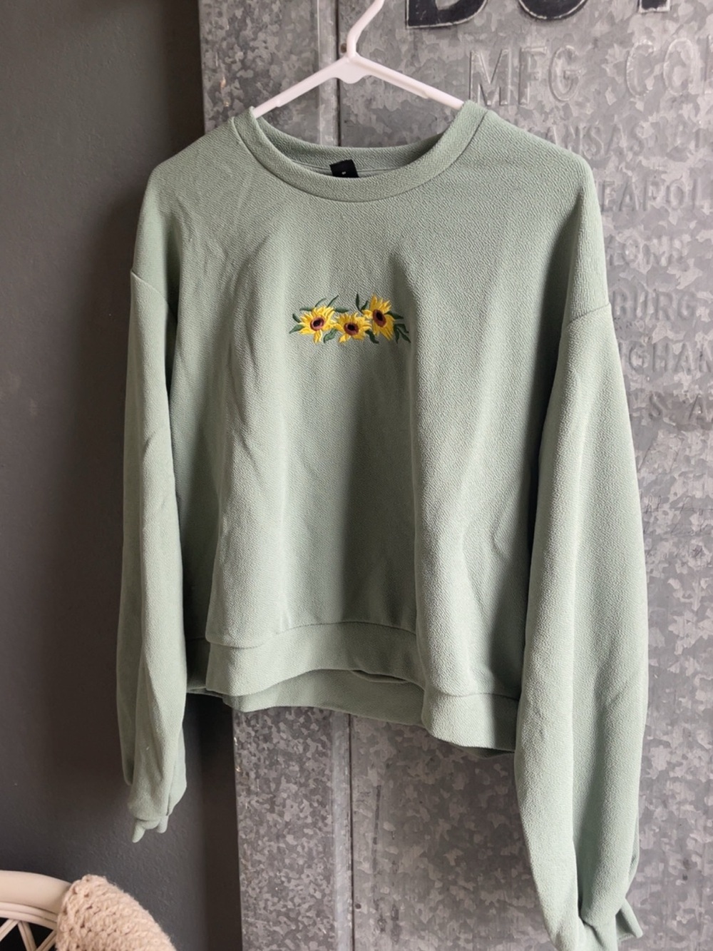 SHEIN Sage Green Sweatshirt with Yellow Sunflower Embroidery
